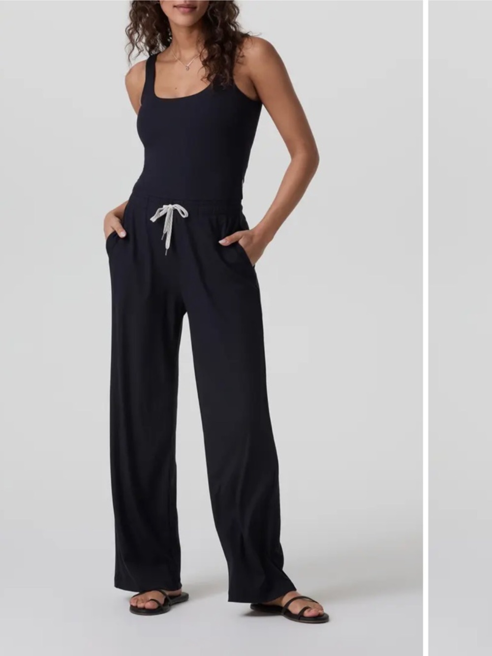 Vuori Black Wide-Leg Jumpsuit with Contrast Drawstring